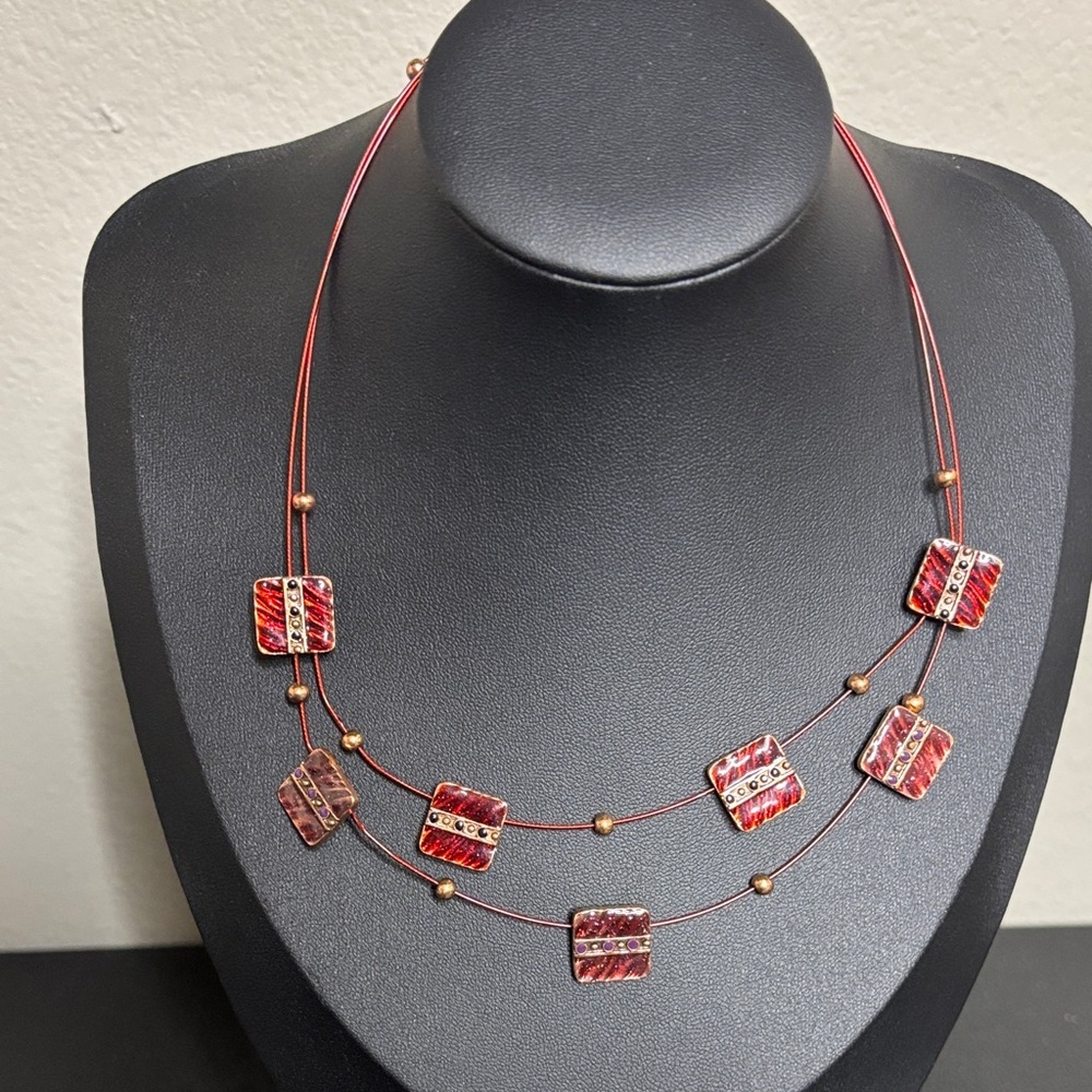 Ikita Red Wire Floating Enamel Squares Layered Rose Gold Tone Necklace